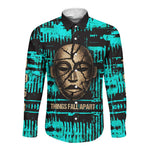 Chinua Achebe Long Sleeve Button Shirt with Tribal Mask Design, Things Fall Apart Quote and Teal Abstract - African Pride