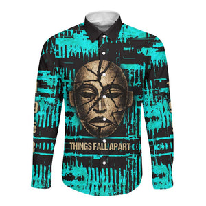 Chinua Achebe Long Sleeve Button Shirt with Tribal Mask Design, Things Fall Apart Quote and Teal Abstract - African Pride