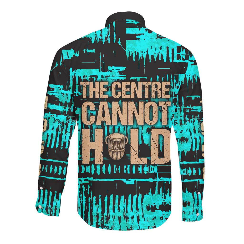 Chinua Achebe Long Sleeve Button Shirt with Tribal Mask Design, Things Fall Apart Quote and Teal Abstract - African Pride