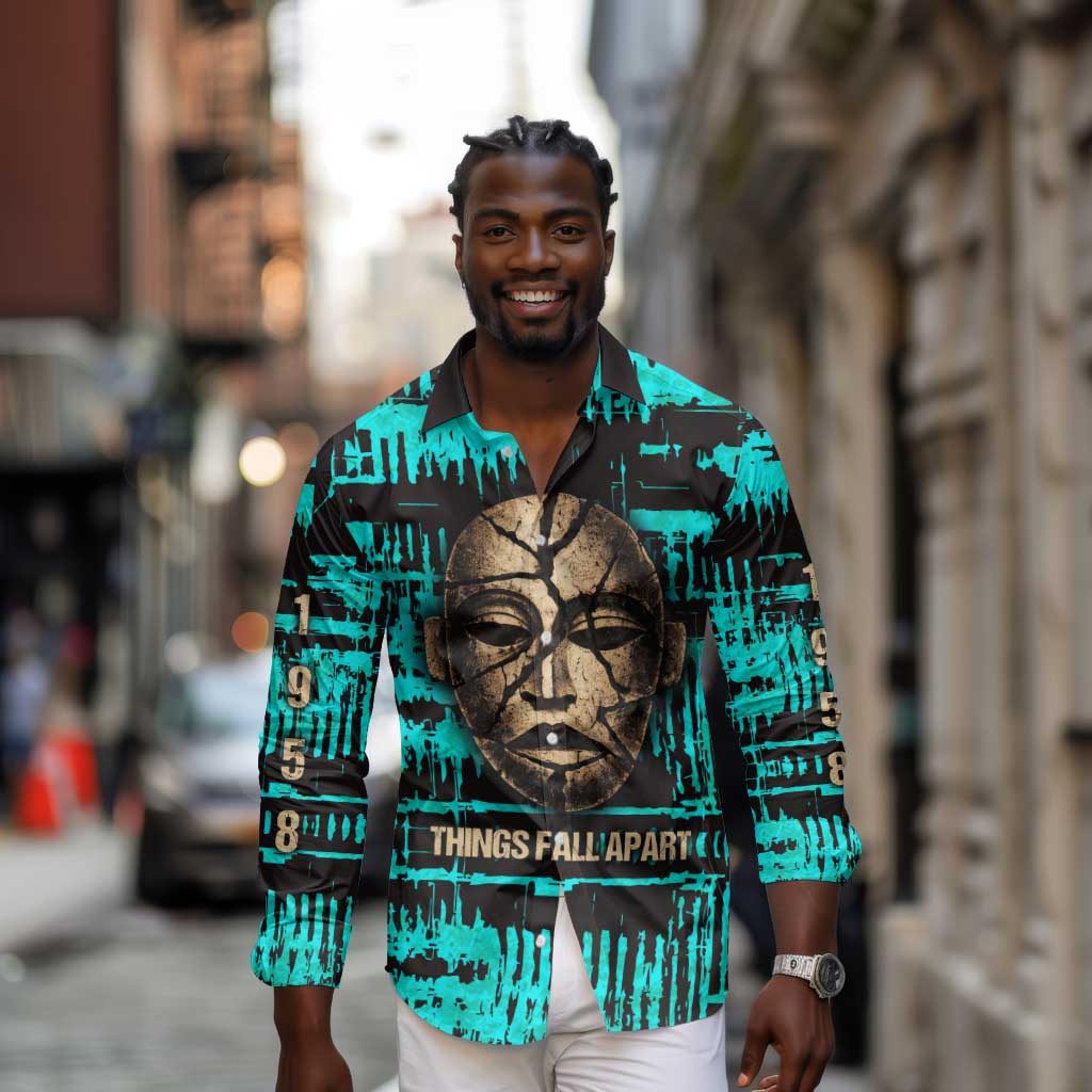 Chinua Achebe Long Sleeve Button Shirt with Tribal Mask Design, Things Fall Apart Quote and Teal Abstract - African Pride