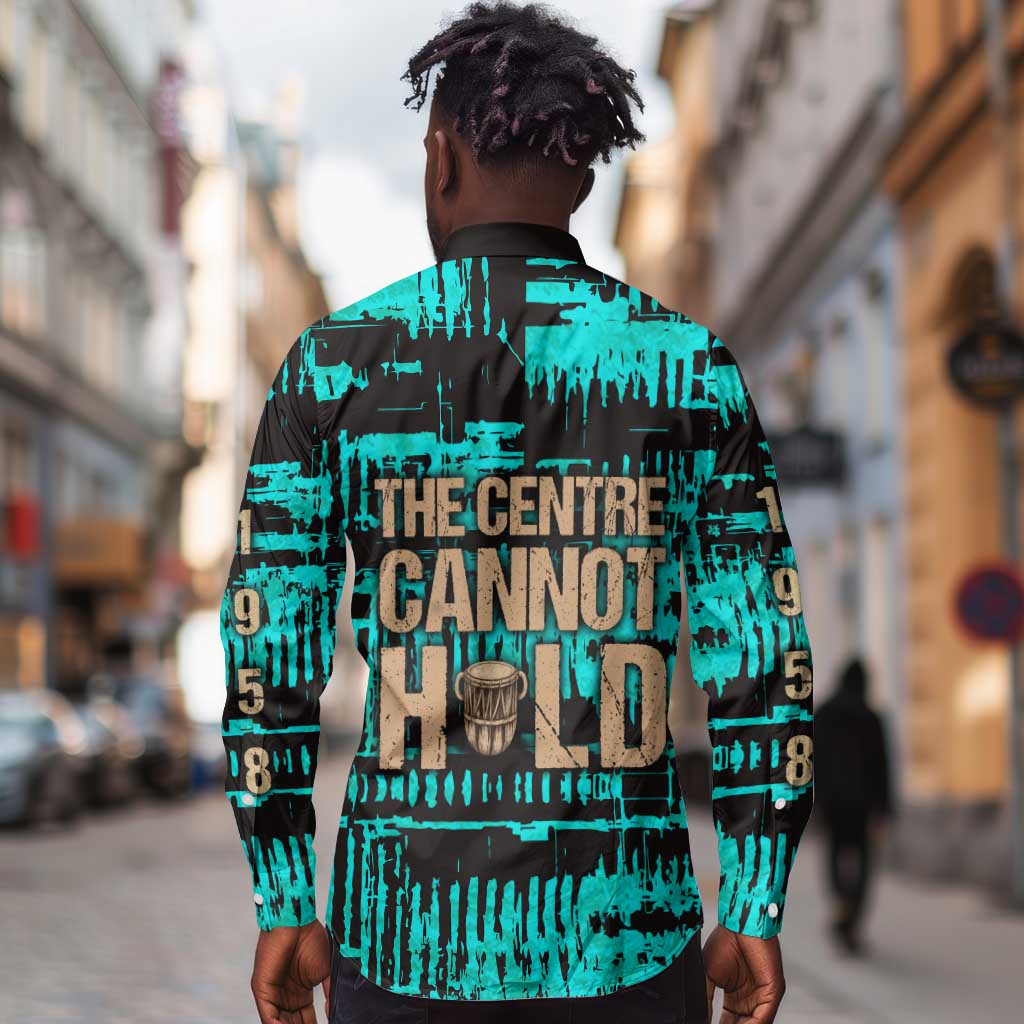 Chinua Achebe Long Sleeve Button Shirt with Tribal Mask Design, Things Fall Apart Quote and Teal Abstract - African Pride