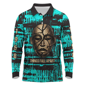 Chinua Achebe Long Sleeve Polo Shirt with Tribal Mask Design, Things Fall Apart Quote and Teal Abstract - African Pride