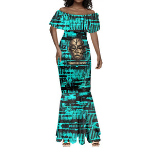 Chinua Achebe Mermaid Dress with Tribal Mask Design, Things Fall Apart Quote and Teal Abstract - African Pride