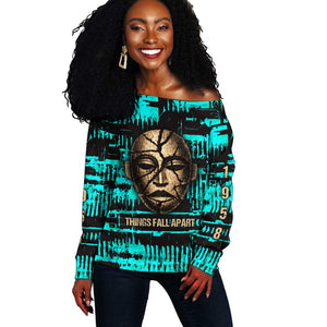 Chinua Achebe Off Shoulder Sweater with Tribal Mask Design, Things Fall Apart Quote and Teal Abstract - African Pride