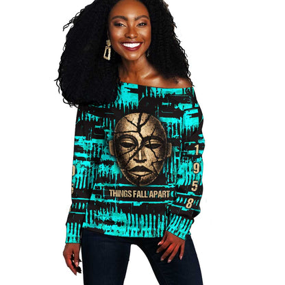 Chinua Achebe Off Shoulder Sweater with Tribal Mask Design, Things Fall Apart Quote and Teal Abstract - African Pride