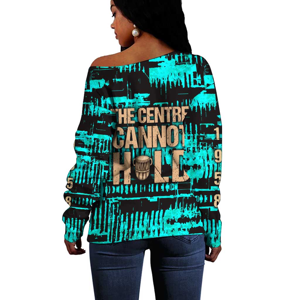 Chinua Achebe Off Shoulder Sweater with Tribal Mask Design, Things Fall Apart Quote and Teal Abstract - African Pride