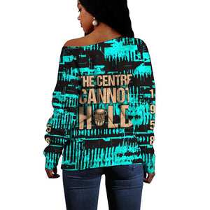 Chinua Achebe Off Shoulder Sweater with Tribal Mask Design, Things Fall Apart Quote and Teal Abstract - African Pride