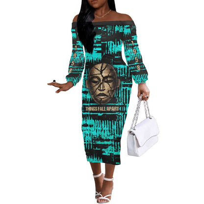 Chinua Achebe Off The Shoulder Long Sleeve Dress with Tribal Mask Design, Things Fall Apart Quote and Teal Abstract - African Pride