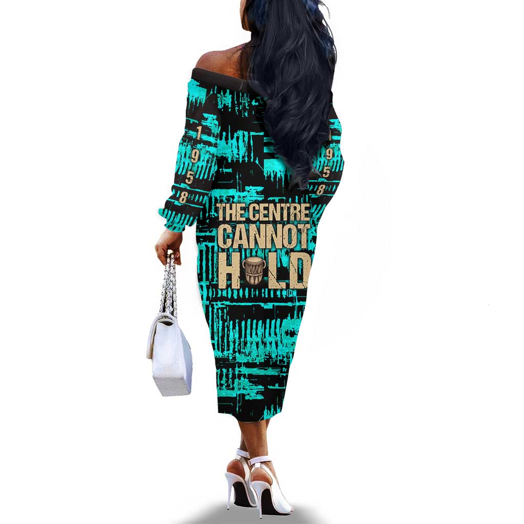 Chinua Achebe Off The Shoulder Long Sleeve Dress with Tribal Mask Design, Things Fall Apart Quote and Teal Abstract - African Pride
