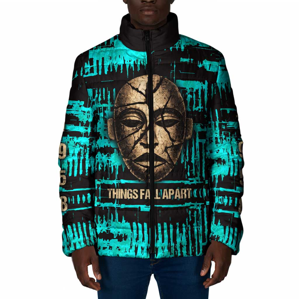 Chinua Achebe Padded Jacket with Tribal Mask Design, Things Fall Apart Quote and Teal Abstract - African Pride