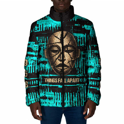Chinua Achebe Padded Jacket with Tribal Mask Design, Things Fall Apart Quote and Teal Abstract - African Pride