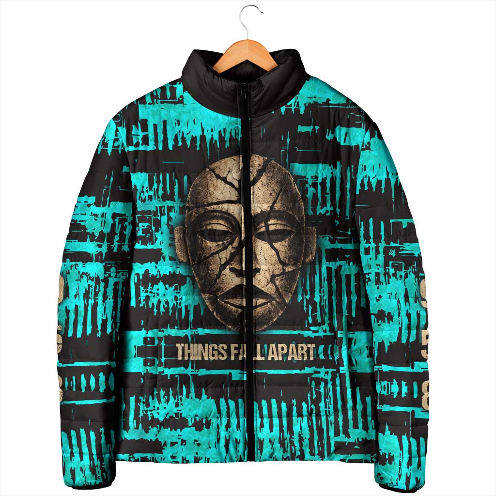 Chinua Achebe Padded Jacket with Tribal Mask Design, Things Fall Apart Quote and Teal Abstract - African Pride