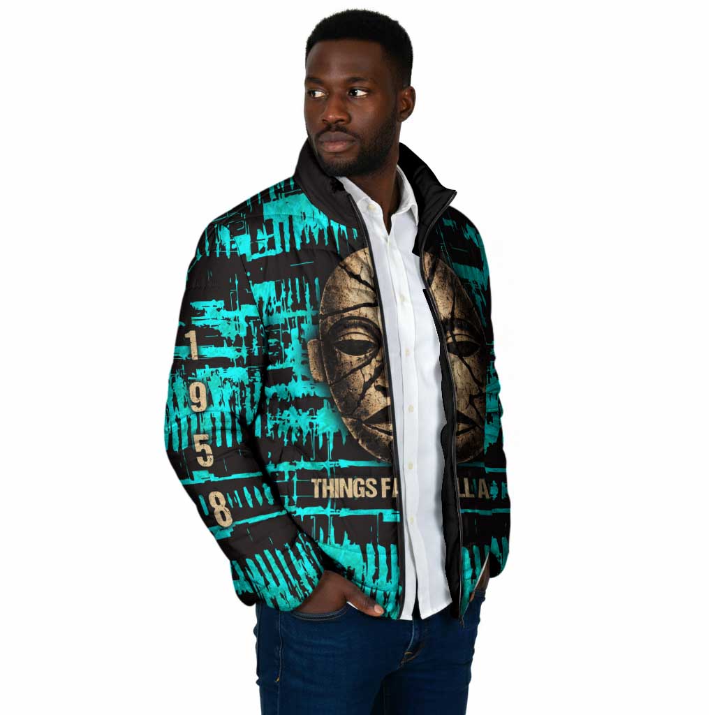 Chinua Achebe Padded Jacket with Tribal Mask Design, Things Fall Apart Quote and Teal Abstract - African Pride