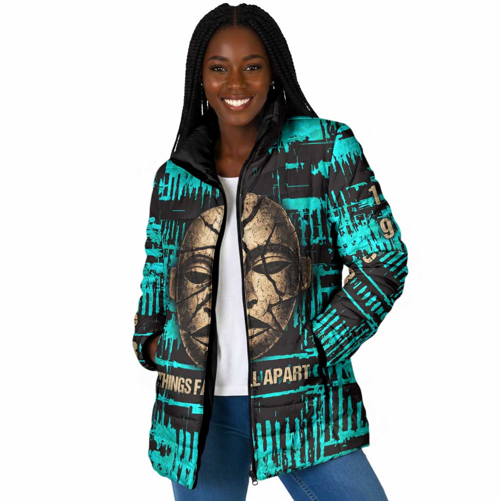 Chinua Achebe Padded Jacket with Tribal Mask Design, Things Fall Apart Quote and Teal Abstract - African Pride