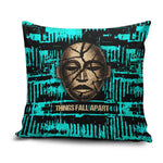 Chinua Achebe Pillow Cover with Tribal Mask Design, Things Fall Apart Quote and Teal Abstract - African Pride