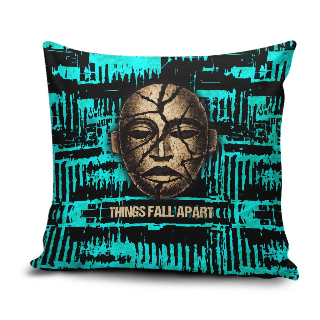 Chinua Achebe Pillow Cover with Tribal Mask Design, Things Fall Apart Quote and Teal Abstract - African Pride