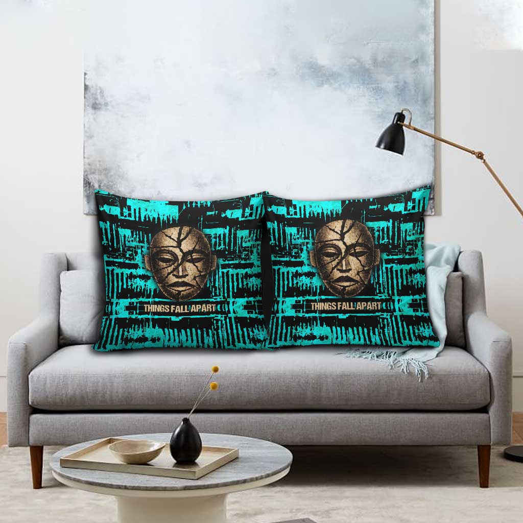 Chinua Achebe Pillow Cover with Tribal Mask Design, Things Fall Apart Quote and Teal Abstract - African Pride