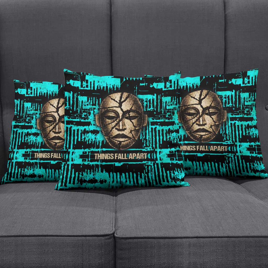 Chinua Achebe Pillow Cover with Tribal Mask Design, Things Fall Apart Quote and Teal Abstract - African Pride