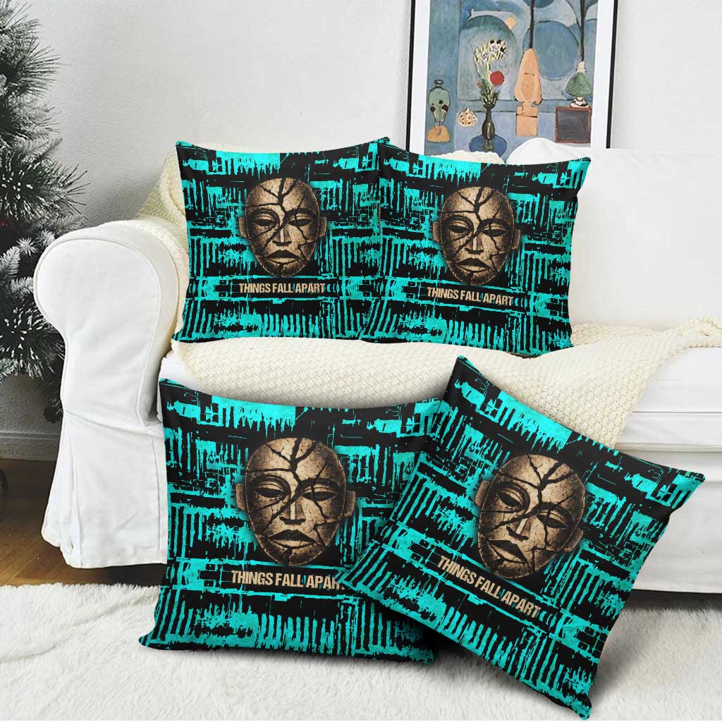 Chinua Achebe Pillow Cover with Tribal Mask Design, Things Fall Apart Quote and Teal Abstract - African Pride