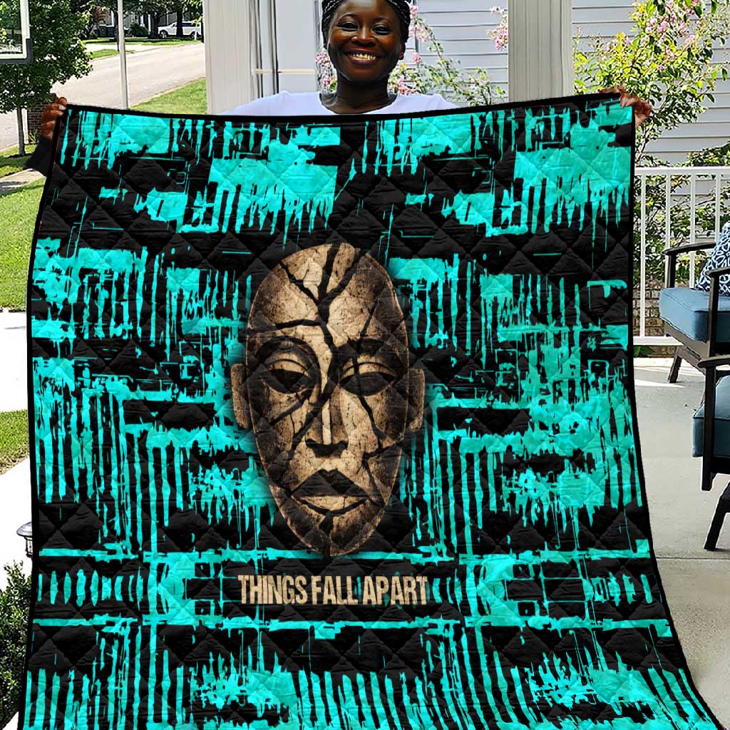 Chinua Achebe Quilt with Tribal Mask Design, Things Fall Apart Quote and Teal Abstract - African Pride
