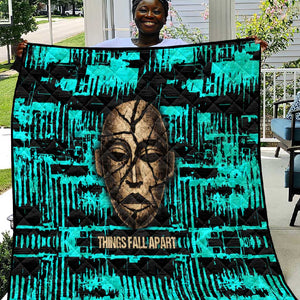 Chinua Achebe Quilt with Tribal Mask Design, Things Fall Apart Quote and Teal Abstract - African Pride