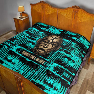 Chinua Achebe Quilt with Tribal Mask Design, Things Fall Apart Quote and Teal Abstract - African Pride