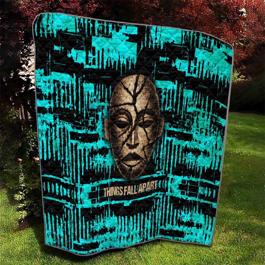 Chinua Achebe Quilt with Tribal Mask Design, Things Fall Apart Quote and Teal Abstract - African Pride