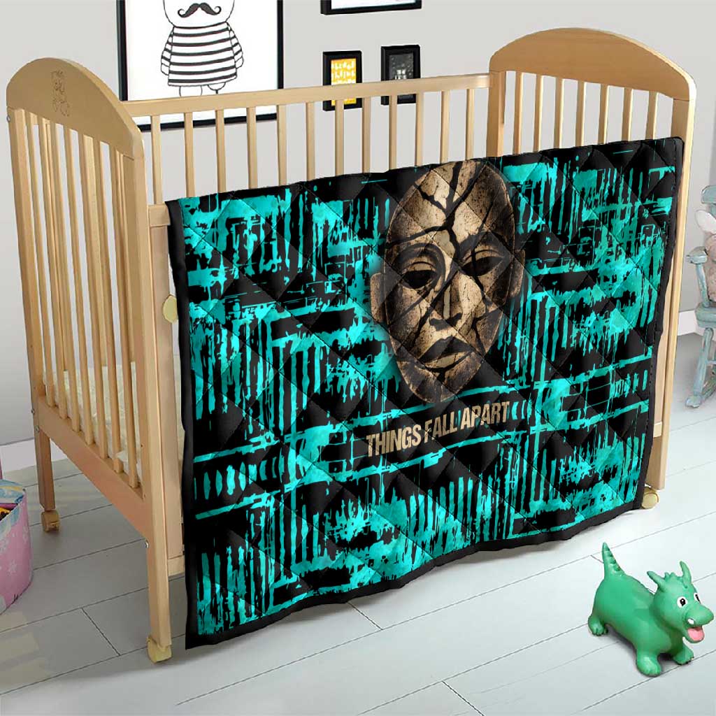 Chinua Achebe Quilt with Tribal Mask Design, Things Fall Apart Quote and Teal Abstract - African Pride