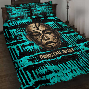 Chinua Achebe Quilt Bed Set with Tribal Mask Design, Things Fall Apart Quote and Teal Abstract - African Pride
