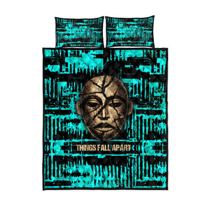 Chinua Achebe Quilt Bed Set with Tribal Mask Design, Things Fall Apart Quote and Teal Abstract - African Pride
