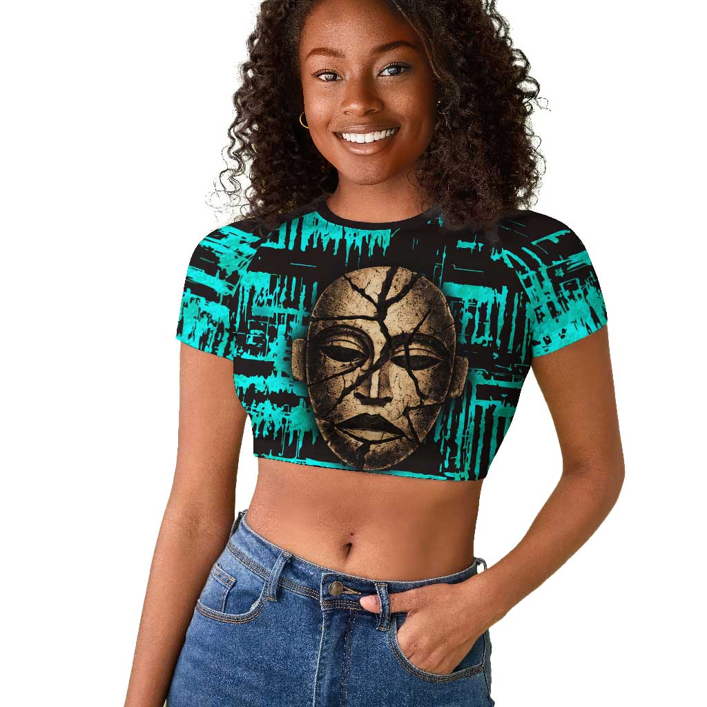 Chinua Achebe Raglan Cropped T shirt with Tribal Mask Design, Things Fall Apart Quote and Teal Abstract - African Pride