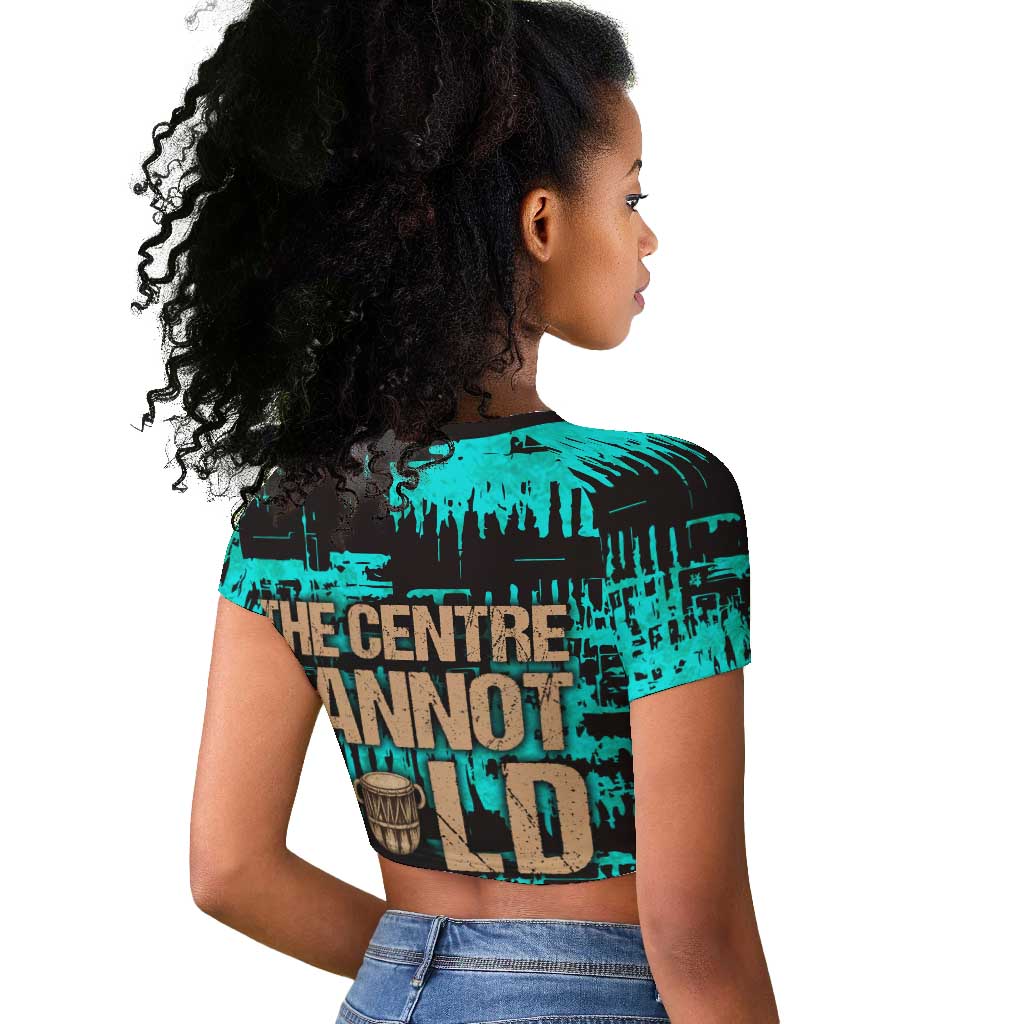 Chinua Achebe Raglan Cropped T shirt with Tribal Mask Design, Things Fall Apart Quote and Teal Abstract - African Pride