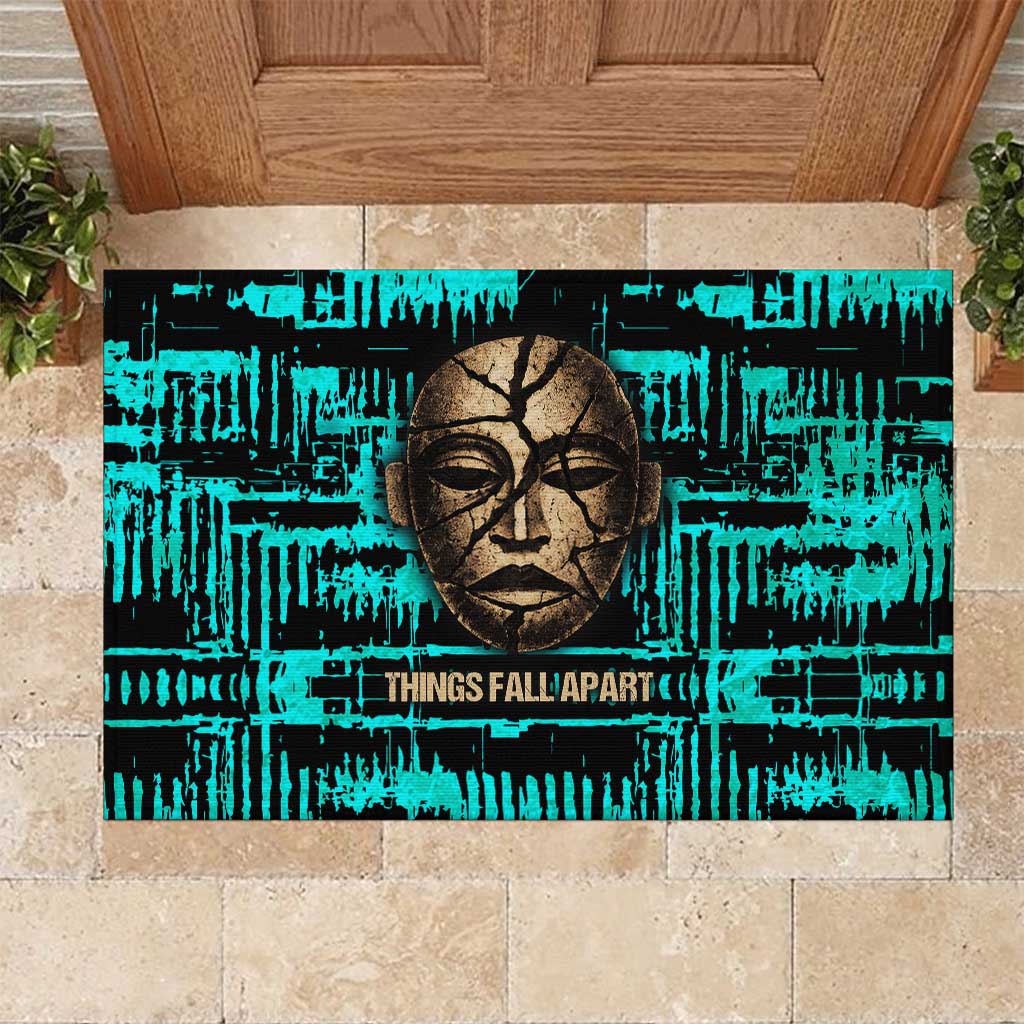 Chinua Achebe Rubber Doormat with Tribal Mask Design, Things Fall Apart Quote and Teal Abstract - African Pride