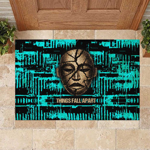 Chinua Achebe Rubber Doormat with Tribal Mask Design, Things Fall Apart Quote and Teal Abstract - African Pride