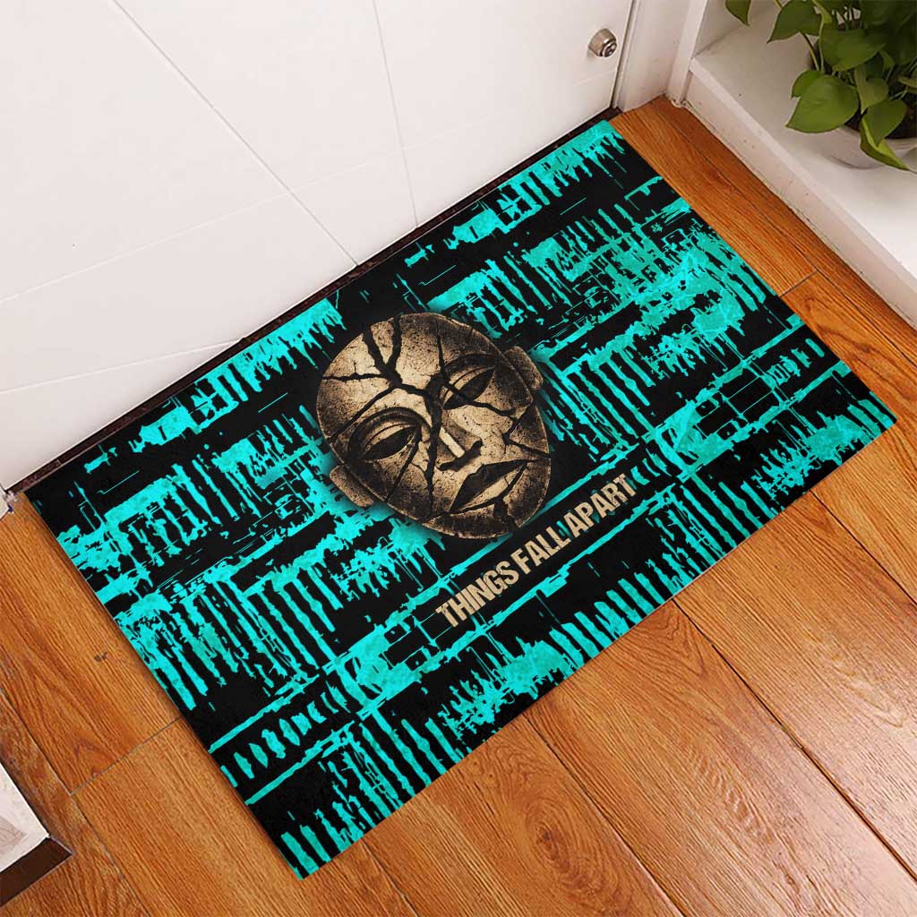 Chinua Achebe Rubber Doormat with Tribal Mask Design, Things Fall Apart Quote and Teal Abstract - African Pride