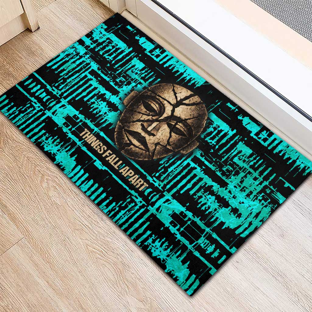 Chinua Achebe Rubber Doormat with Tribal Mask Design, Things Fall Apart Quote and Teal Abstract - African Pride