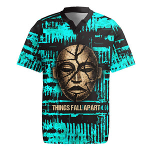 Chinua Achebe Rugby Jersey with Tribal Mask Design, Things Fall Apart Quote and Teal Abstract - African Pride