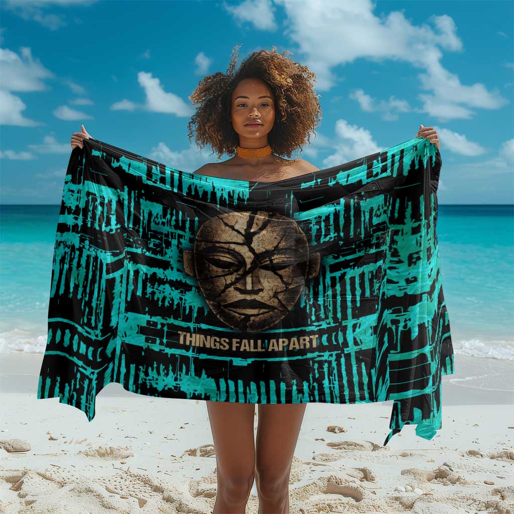 Chinua Achebe Sarong with Tribal Mask Design, Things Fall Apart Quote and Teal Abstract - African Pride