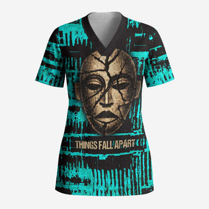 Chinua Achebe Scrub Top with Tribal Mask Design, Things Fall Apart Quote and Teal Abstract - African Pride