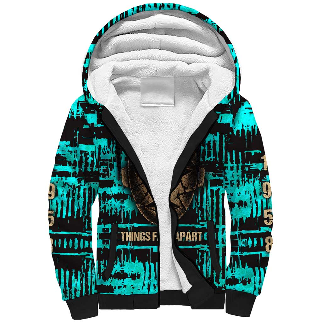 Chinua Achebe Sherpa Hoodie with Tribal Mask Design, Things Fall Apart Quote and Teal Abstract - African Pride