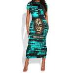 Chinua Achebe Short Sleeve Bodycon Dress with Tribal Mask Design, Things Fall Apart Quote and Teal Abstract - African Pride