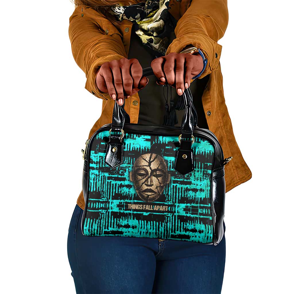 Chinua Achebe Shoulder Handbag with Tribal Mask Design, Things Fall Apart Quote and Teal Abstract - African Pride