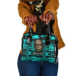 Chinua Achebe Shoulder Handbag with Tribal Mask Design, Things Fall Apart Quote and Teal Abstract - African Pride
