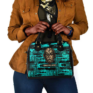 Chinua Achebe Shoulder Handbag with Tribal Mask Design, Things Fall Apart Quote and Teal Abstract - African Pride