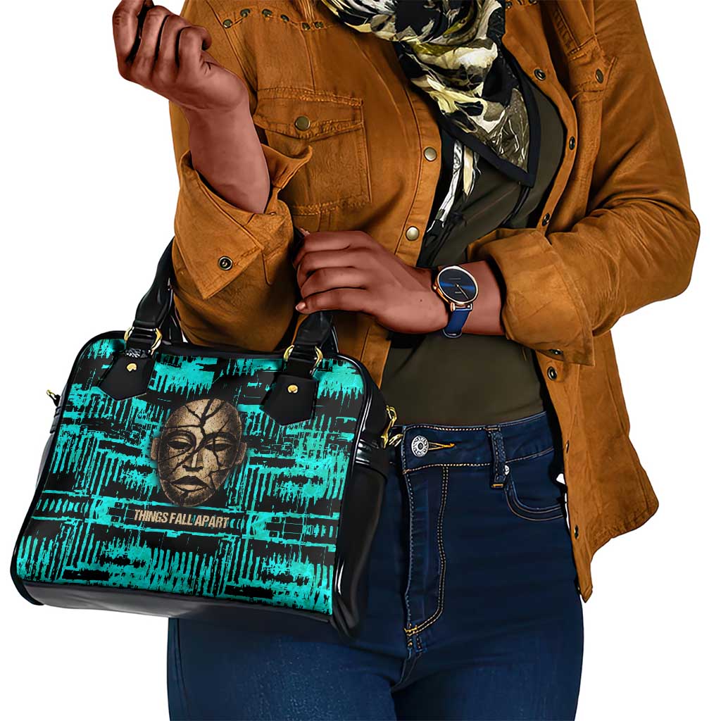 Chinua Achebe Shoulder Handbag with Tribal Mask Design, Things Fall Apart Quote and Teal Abstract - African Pride