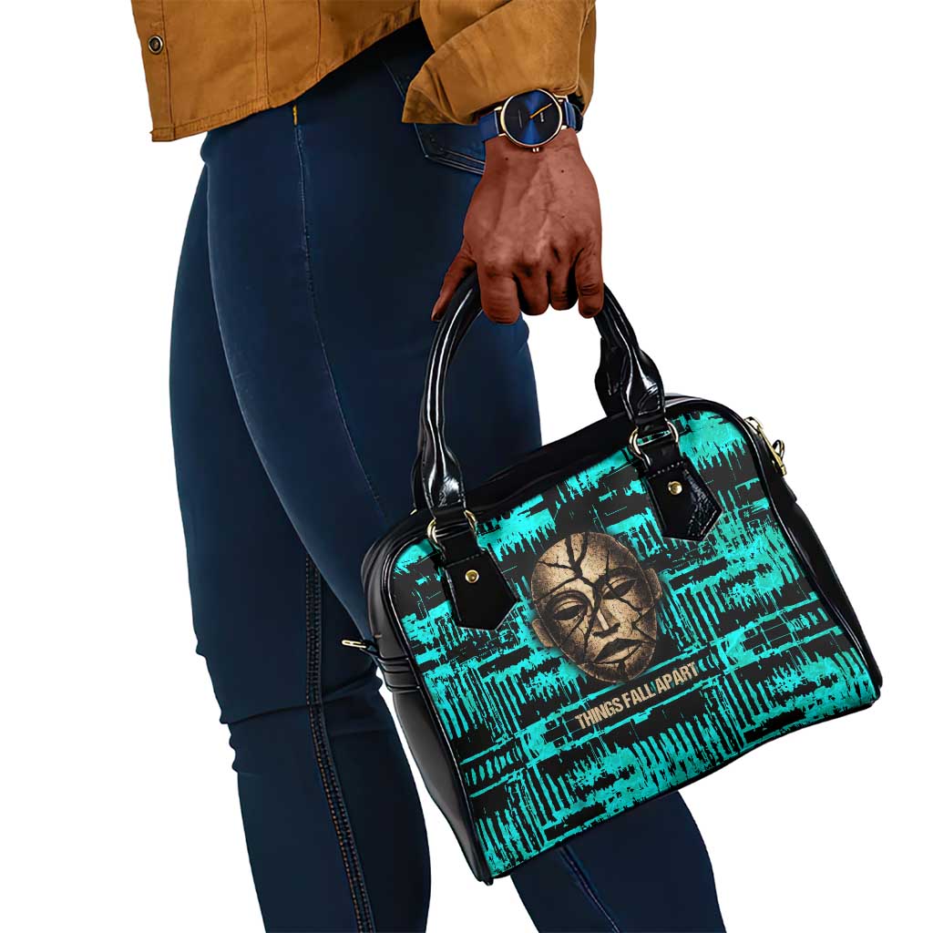 Chinua Achebe Shoulder Handbag with Tribal Mask Design, Things Fall Apart Quote and Teal Abstract - African Pride