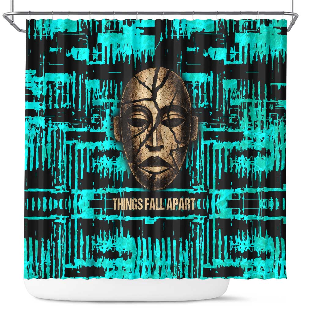 Chinua Achebe Shower Curtain with Tribal Mask Design, Things Fall Apart Quote and Teal Abstract - African Pride