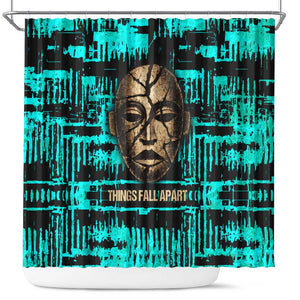 Chinua Achebe Shower Curtain with Tribal Mask Design, Things Fall Apart Quote and Teal Abstract - African Pride