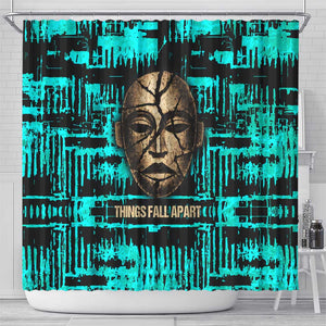 Chinua Achebe Shower Curtain with Tribal Mask Design, Things Fall Apart Quote and Teal Abstract - African Pride