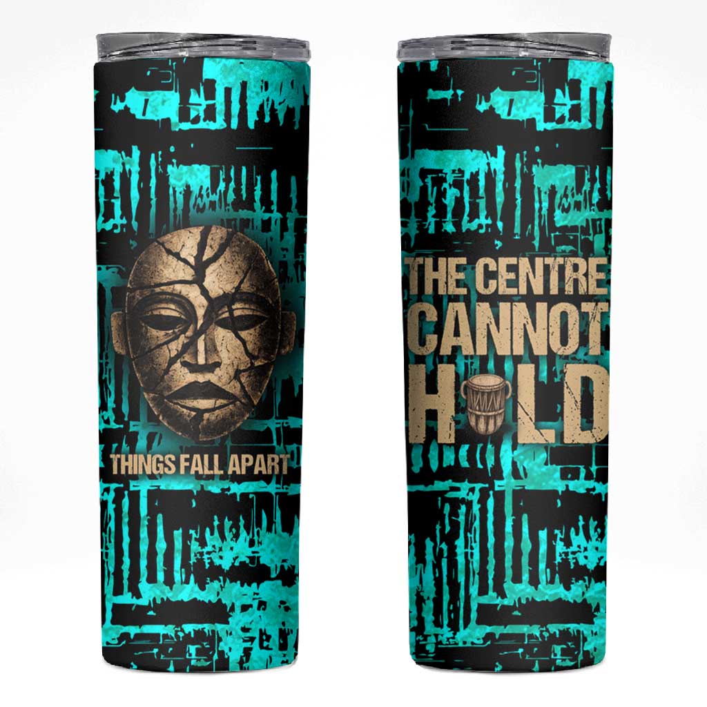 Chinua Achebe Skinny Tumbler with Tribal Mask Design, Things Fall Apart Quote and Teal Abstract - African Pride
